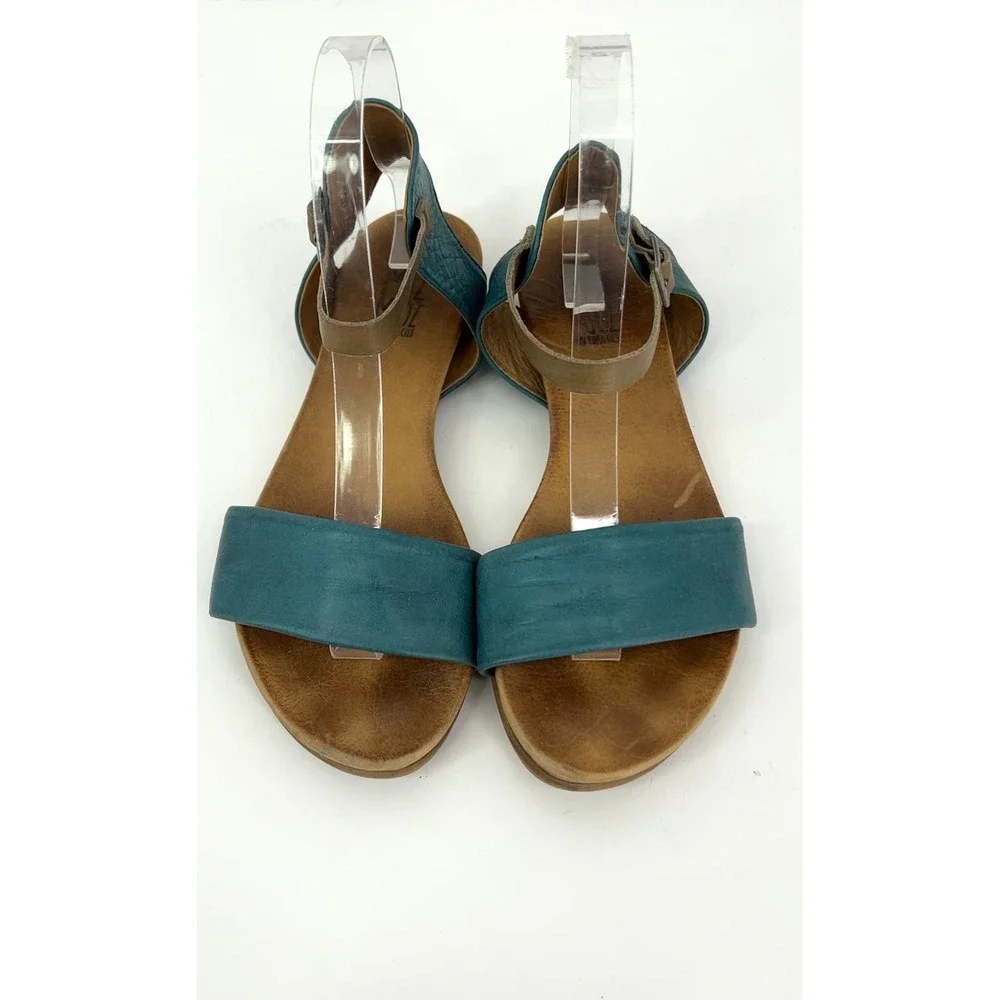 Miz Mooz Alanis Teal Blue Leather Ankle Strap‎ Flat Sandals Womens 8